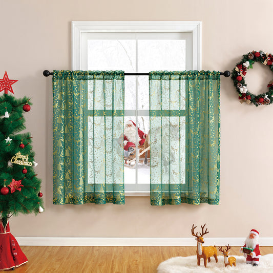 Weihnachts Kurzgardinen Goldfolie Rot oder Grün 2-teilig