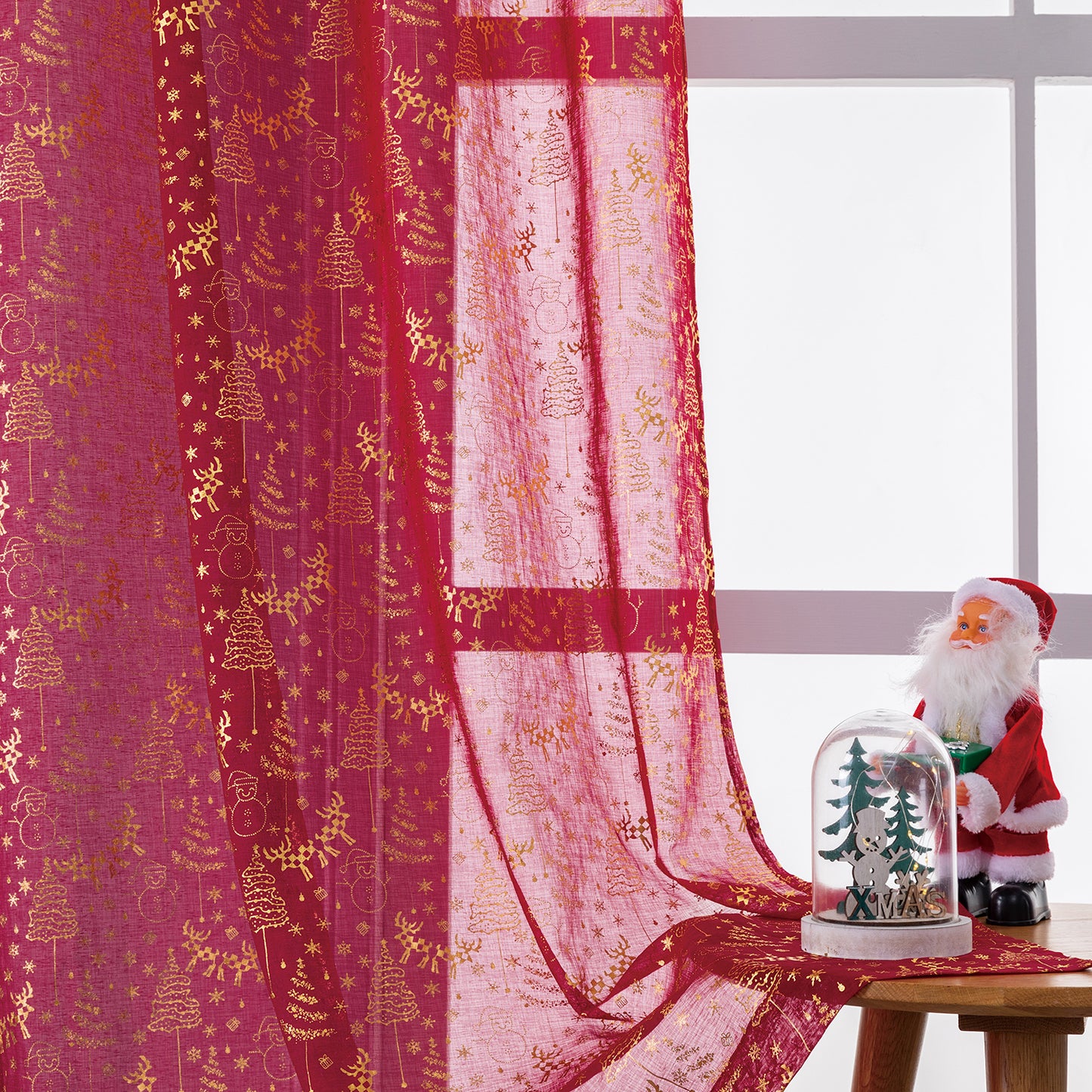 Weihnachts Kurzgardinen Goldfolie Rot oder Grün 2-teilig