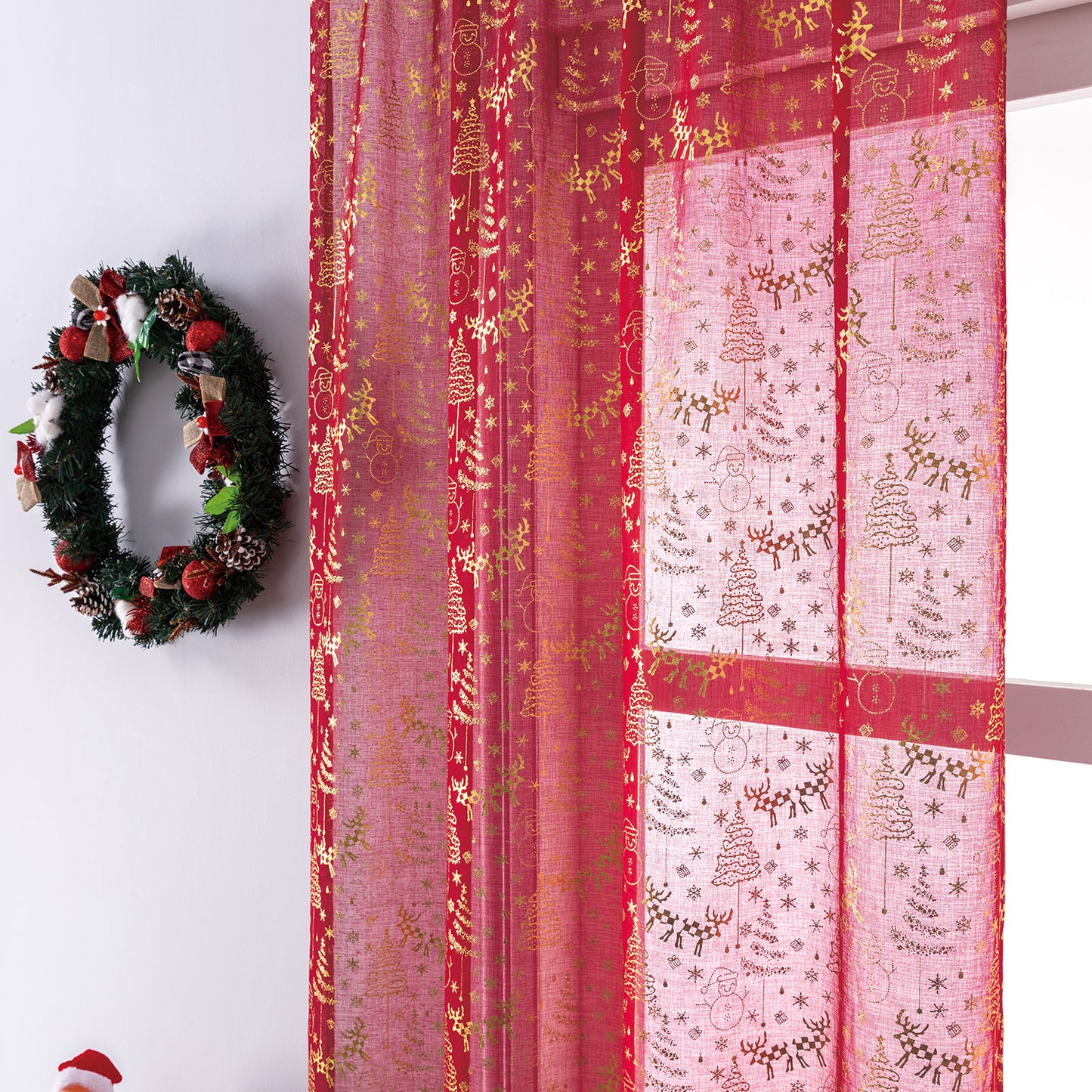 Weihnachts Kurzgardinen Goldfolie Rot oder Grün 2-teilig
