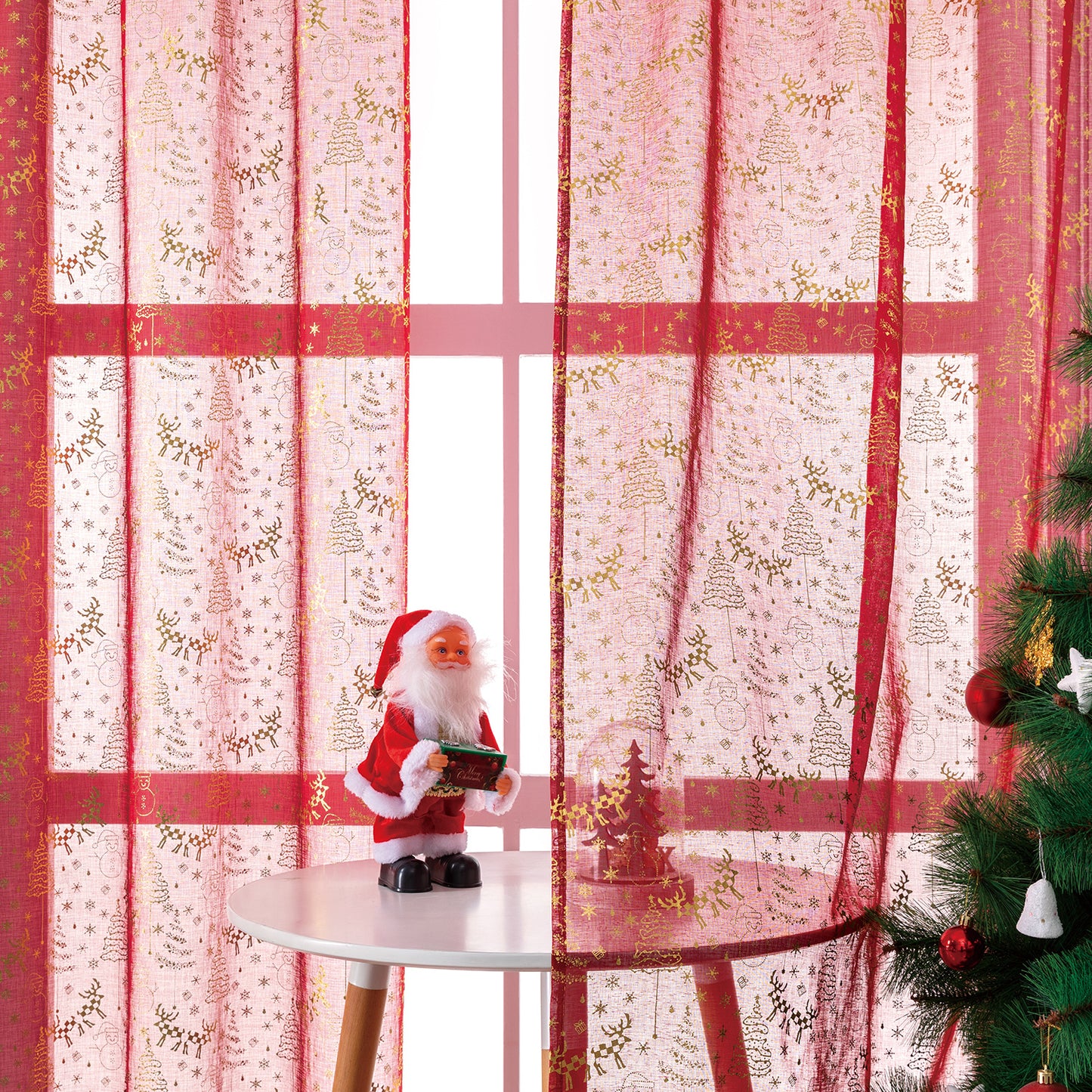 Weihnachts Kurzgardinen Goldfolie Rot oder Grün 2-teilig
