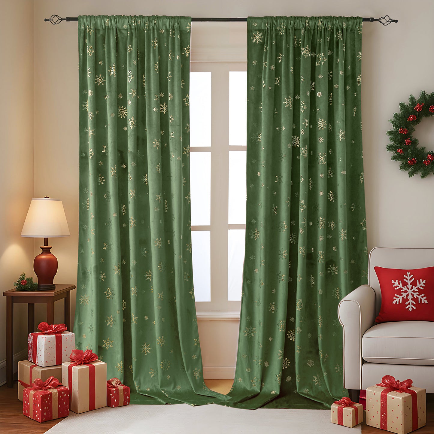 Christmas velvet curtains with gold foil snowflakes 2-piece red or green