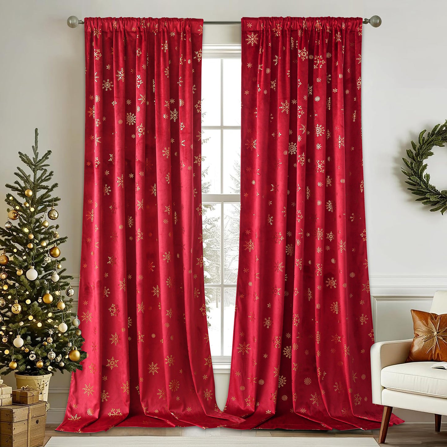 Christmas velvet curtains with gold foil snowflakes 2-piece red or green