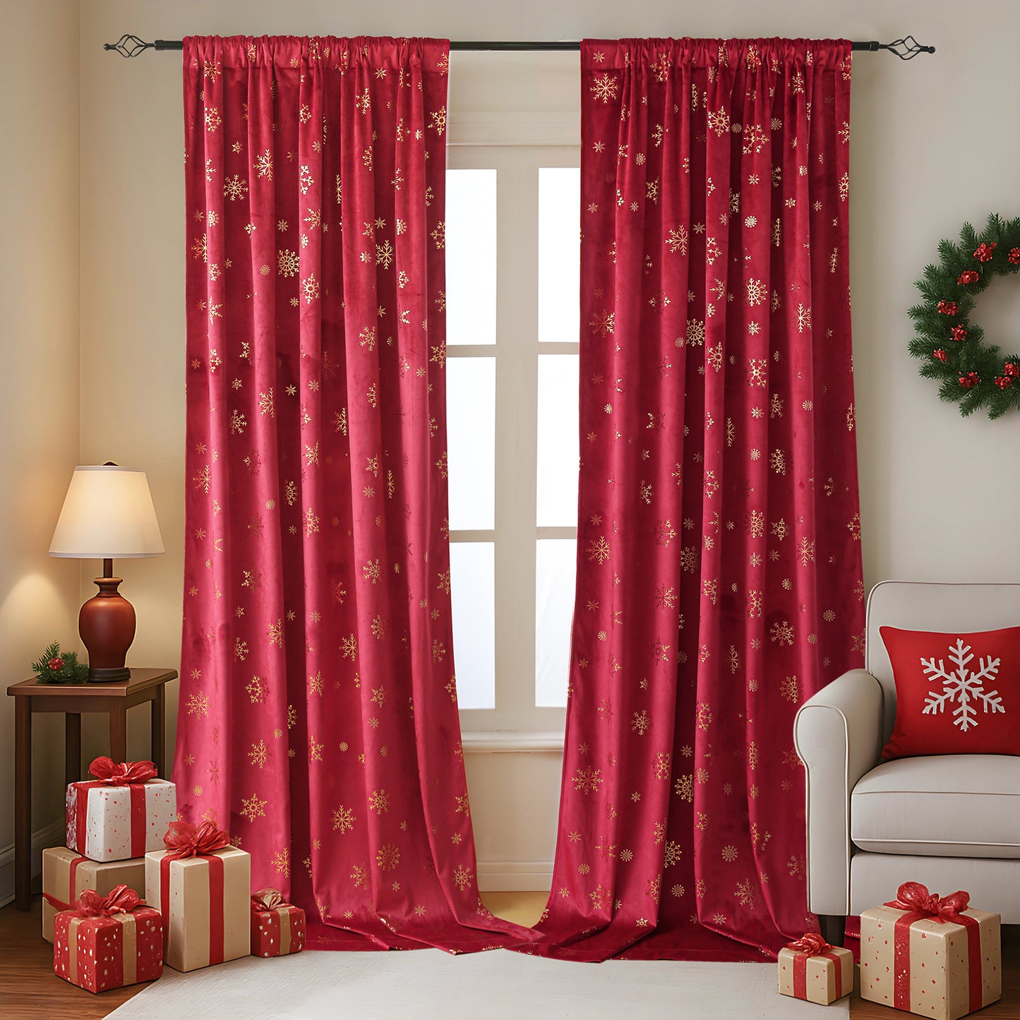 Christmas velvet curtains with gold foil snowflakes 2-piece red or green