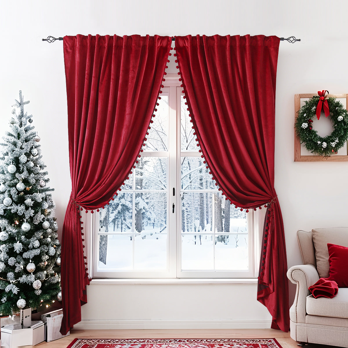 Weihnachts Samtvorhänge mit Pompoms 2-teilig Rot oder Grün