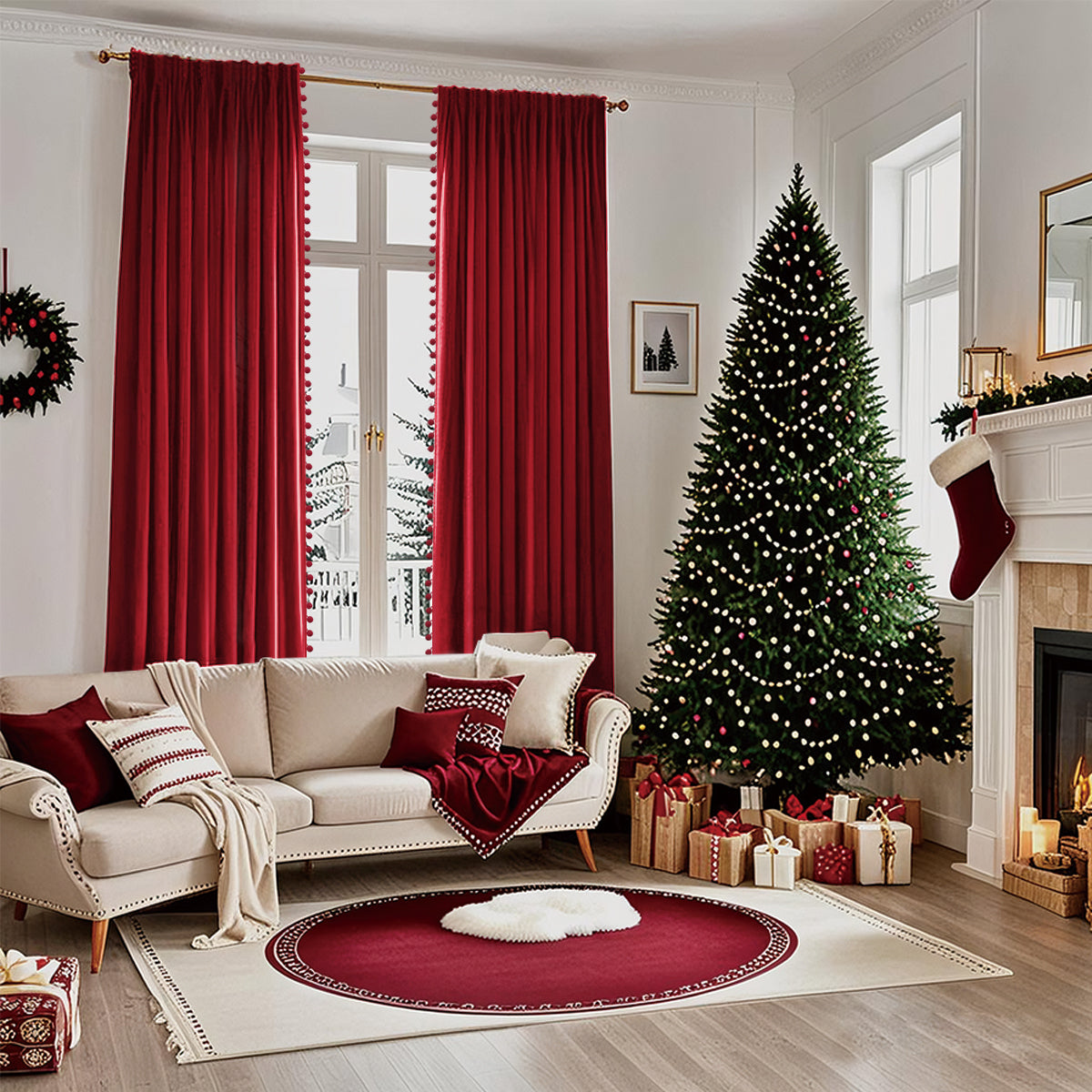 Weihnachts Samtvorhänge mit Pompoms 2-teilig Rot oder Grün
