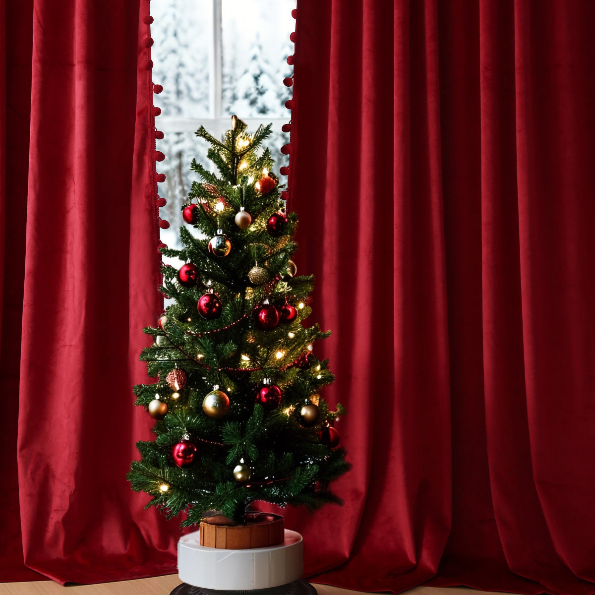 Weihnachts Samtvorhänge mit Pompoms 2-teilig Rot oder Grün