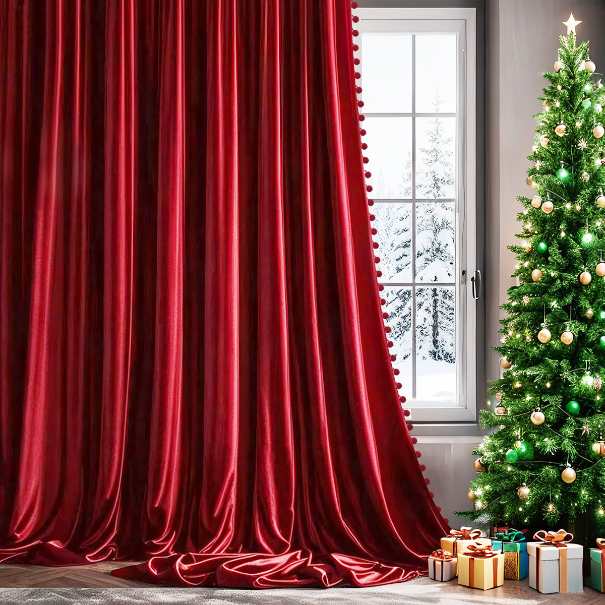 Weihnachts Samtvorhänge mit Pompoms 2-teilig Rot oder Grün