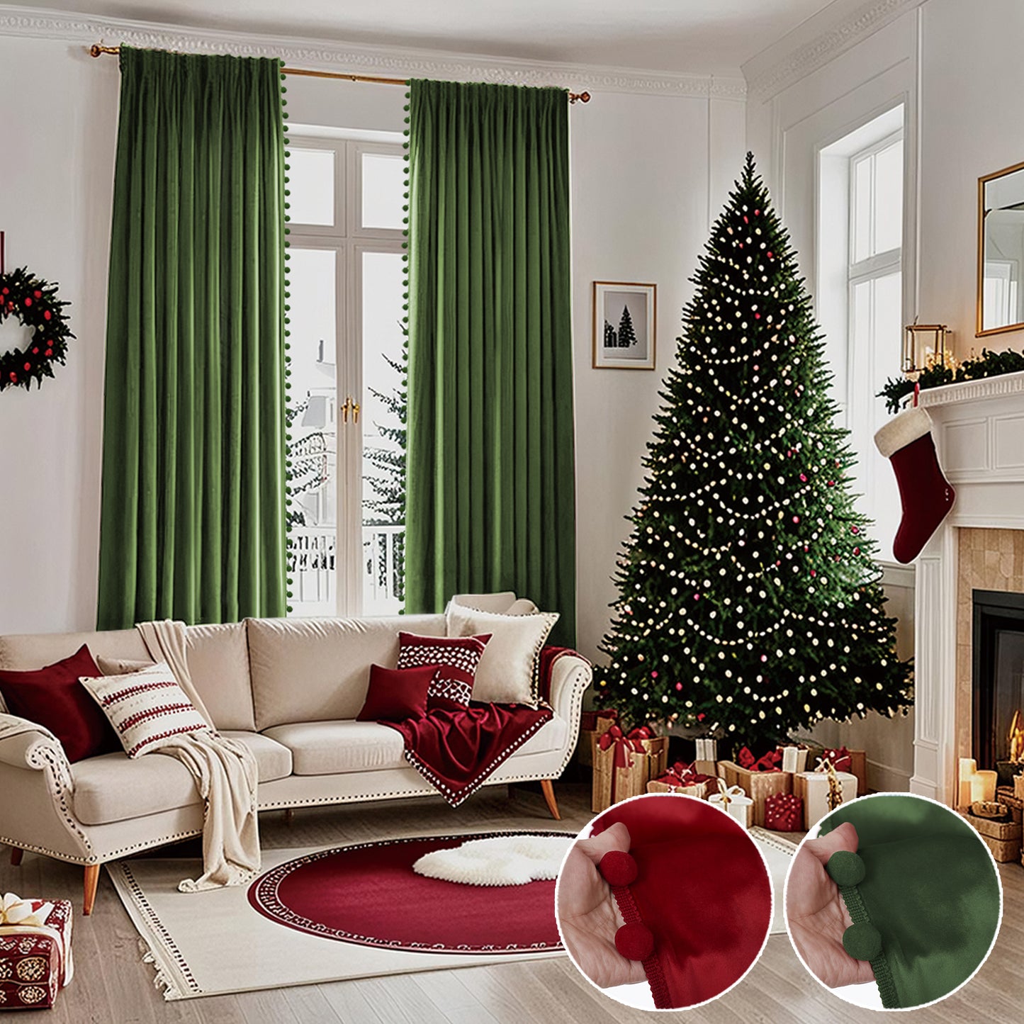 Weihnachts Samtvorhänge mit Pompoms 2-teilig Rot oder Grün