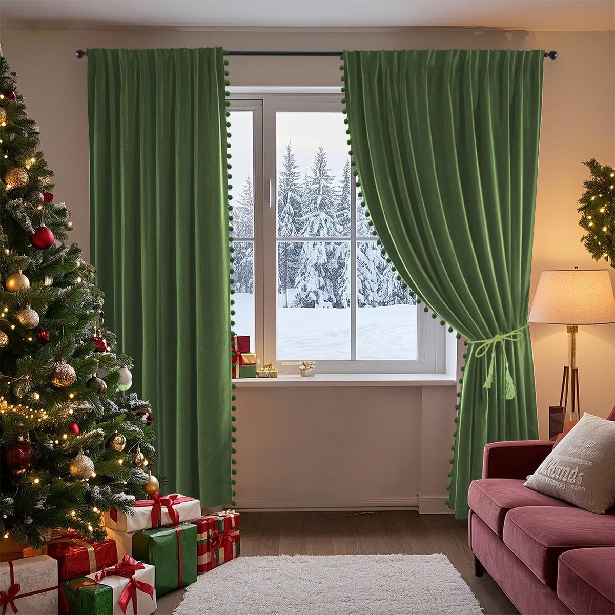 Weihnachts Samtvorhänge mit Pompoms 2-teilig Rot oder Grün