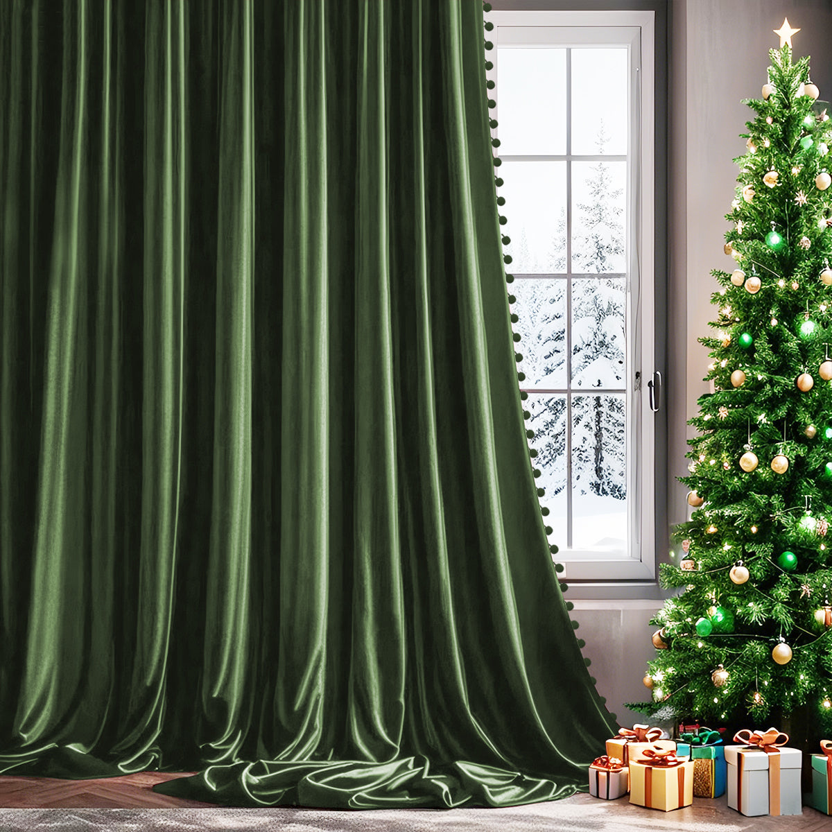 Weihnachts Samtvorhänge mit Pompoms 2-teilig Rot oder Grün
