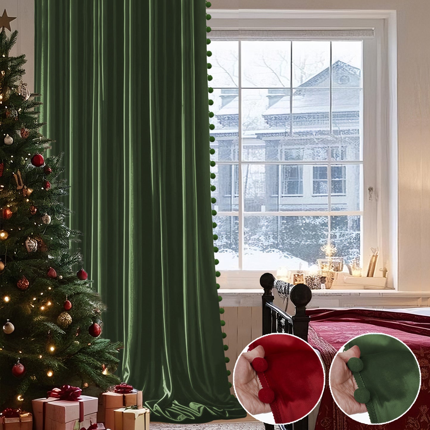 Weihnachts Samtvorhänge mit Pompoms 2-teilig Rot oder Grün