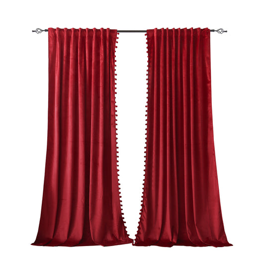 Christmas velvet curtains with pompoms 2-piece red or green