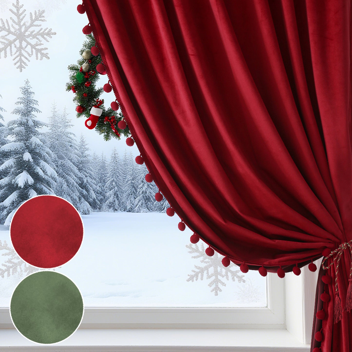 Weihnachts Samtvorhänge mit Pompoms 2-teilig Rot oder Grün