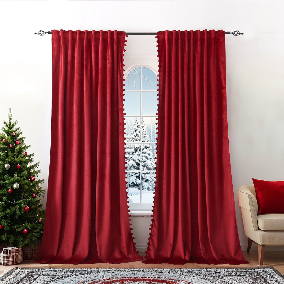 Weihnachts Samtvorhänge mit Pompoms 2-teilig Rot oder Grün