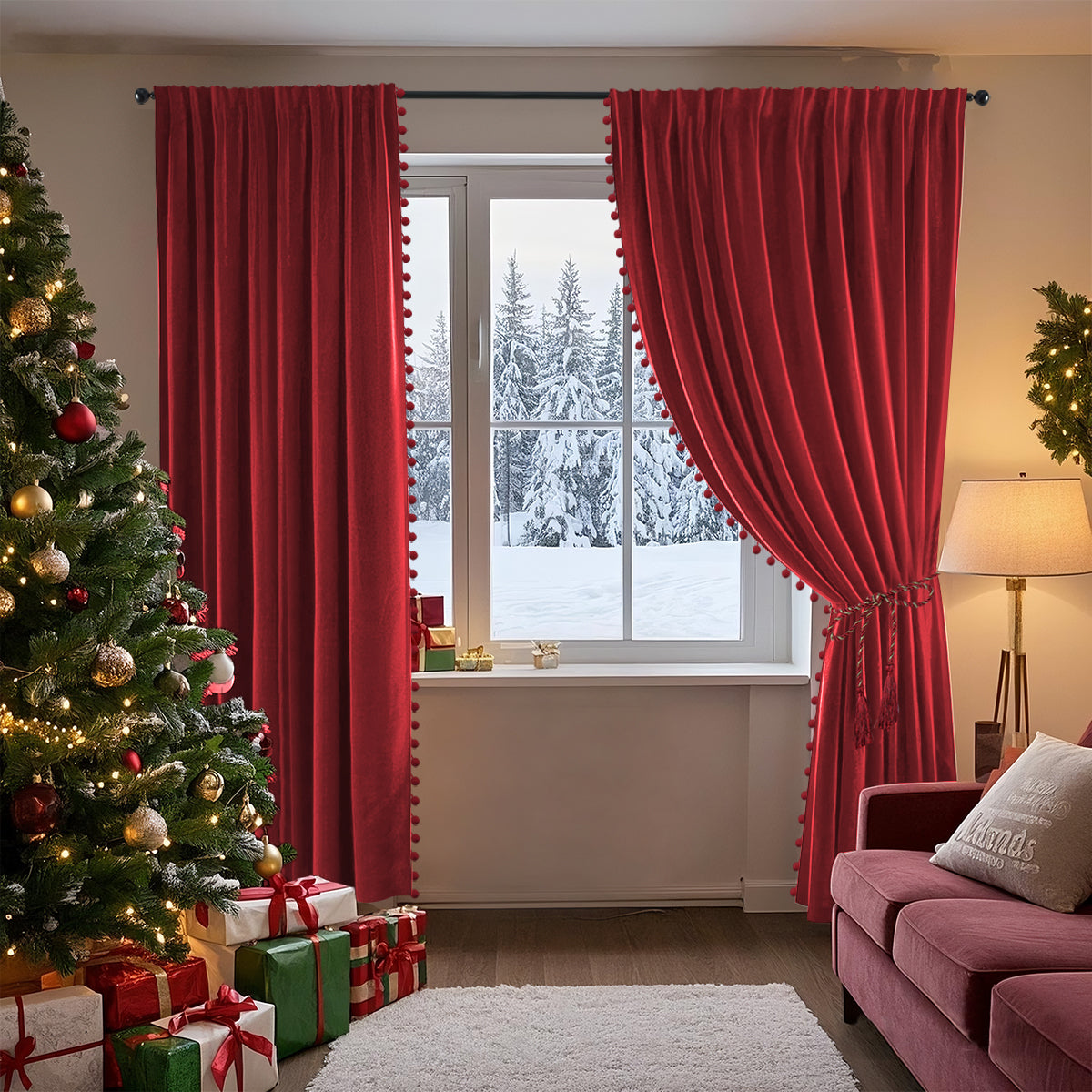 Weihnachts Samtvorhänge mit Pompoms 2-teilig Rot oder Grün