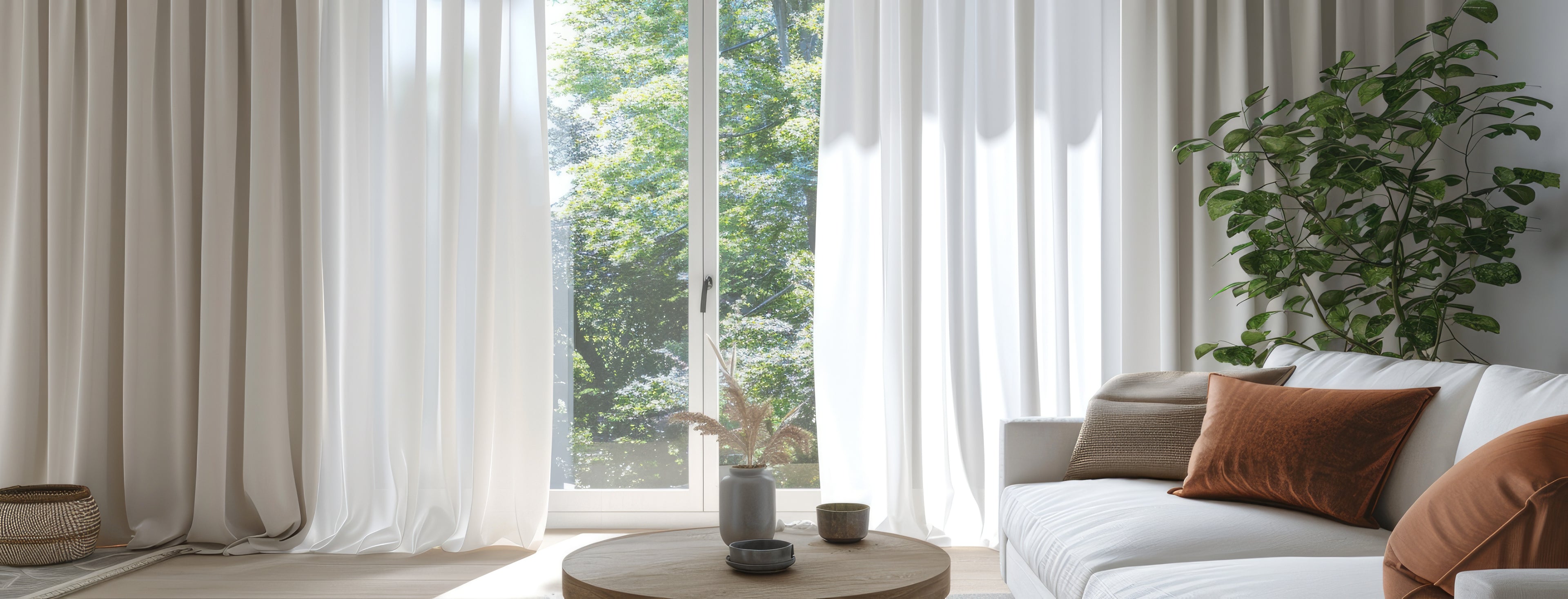 Elegant beige living room curtains with sheer white drapes, creating a bright and cozy home interior.
