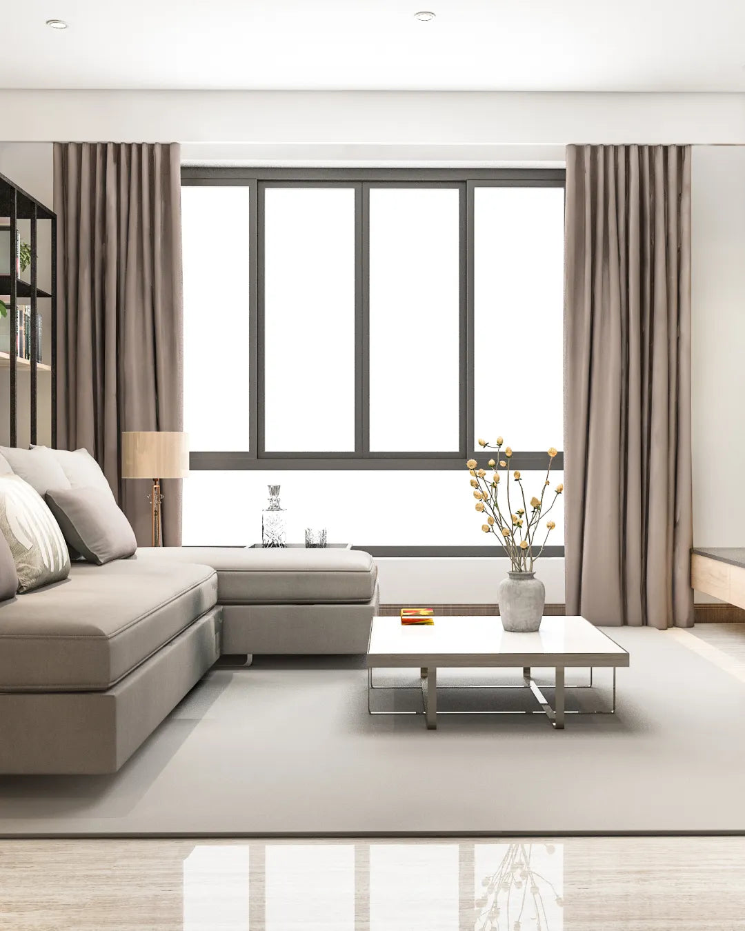 Modernes Wohnzimmer mit grauen Verdunkelungsvorhängen und minimalistischer Einrichtung – BTTO