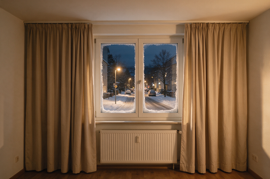 Fenster im Winter mit Frost an der Scheibe, dichte Vorhänge und Heizkörper darunter