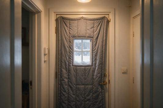Gesteppter Thermo-Türvorhang mit Sichtfenster vor einer Haustür im Winter
