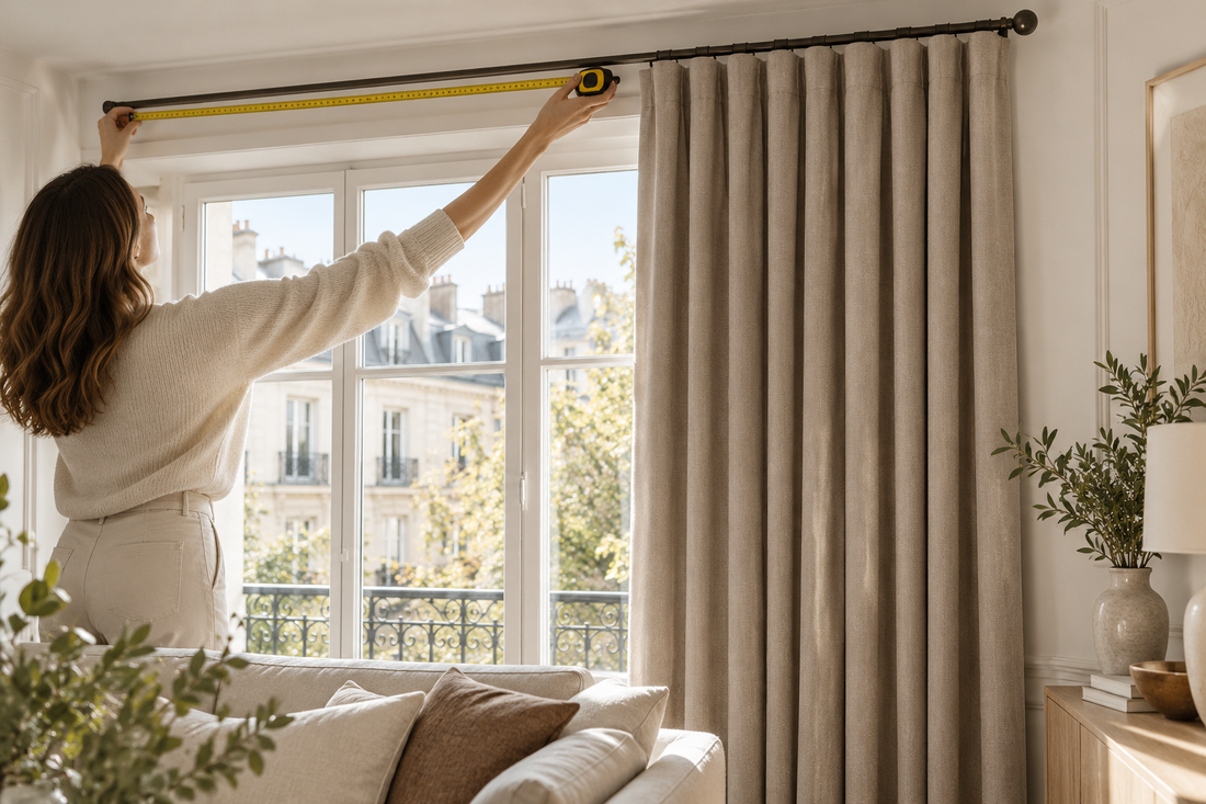 Thermovorhang am Fenster: Breite der Gardinenschiene wird sorgfältig gemessen