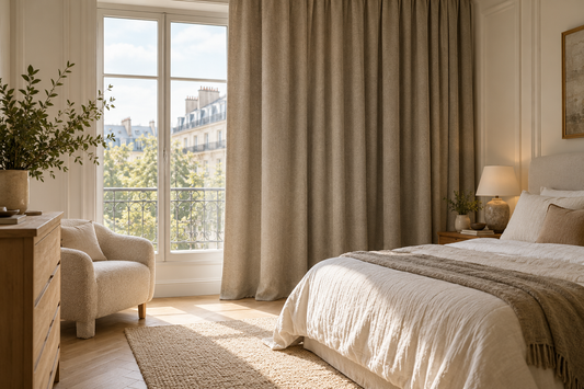 Greige Thermovorhang vor einem hohen Fenster in einem ruhigen Schlafzimmer