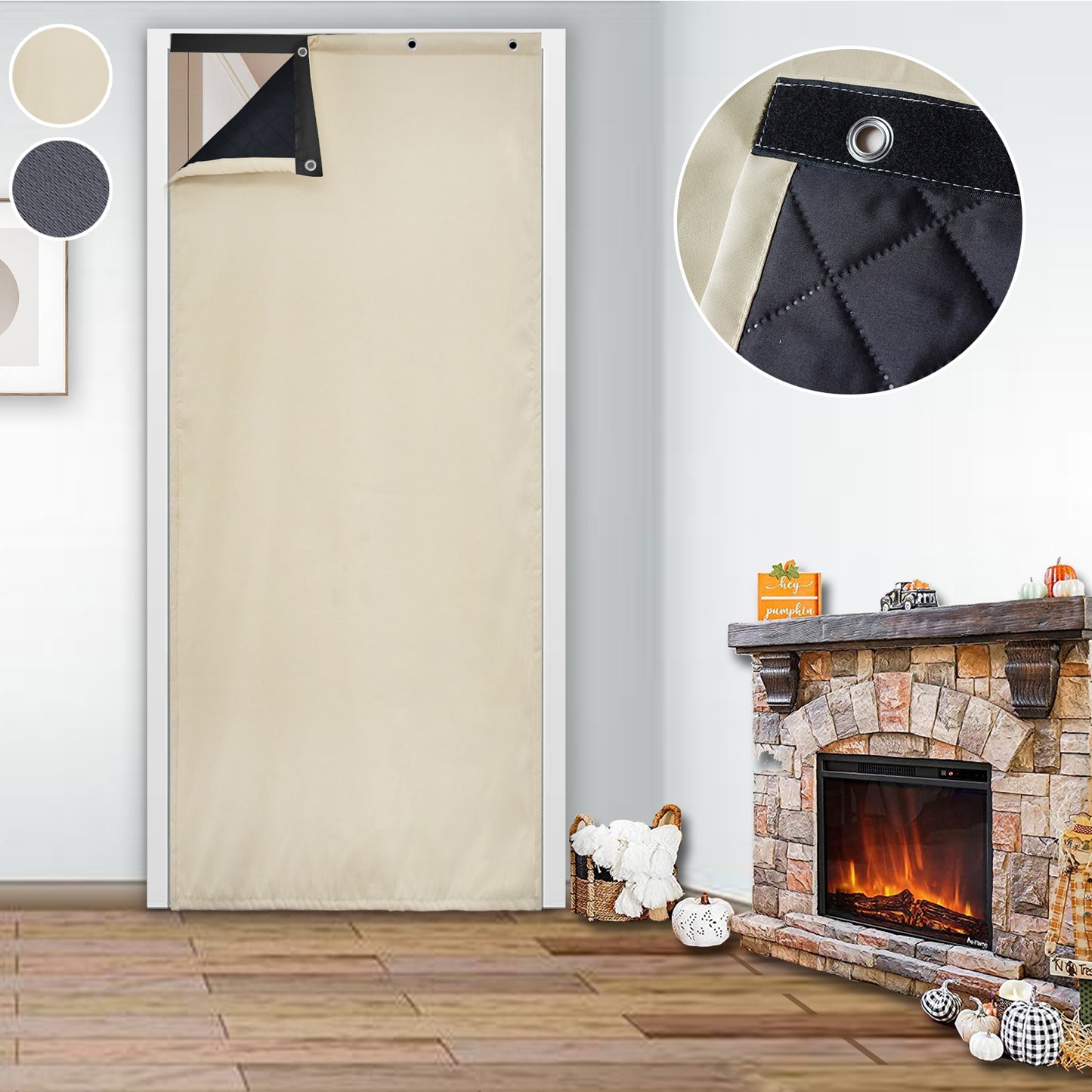 Waterproof Quilted Door Curtains, 1 Panel, Beige, 82x204cm/100x210cm