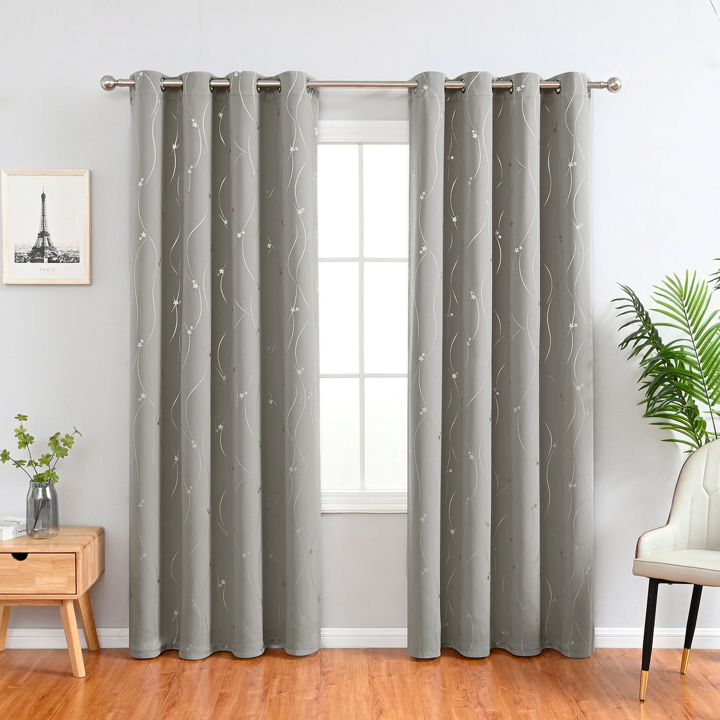 Rideaux étoiles estampés argent, 1 panneau, gris, 132*164cm/132*183cm/132*214cm