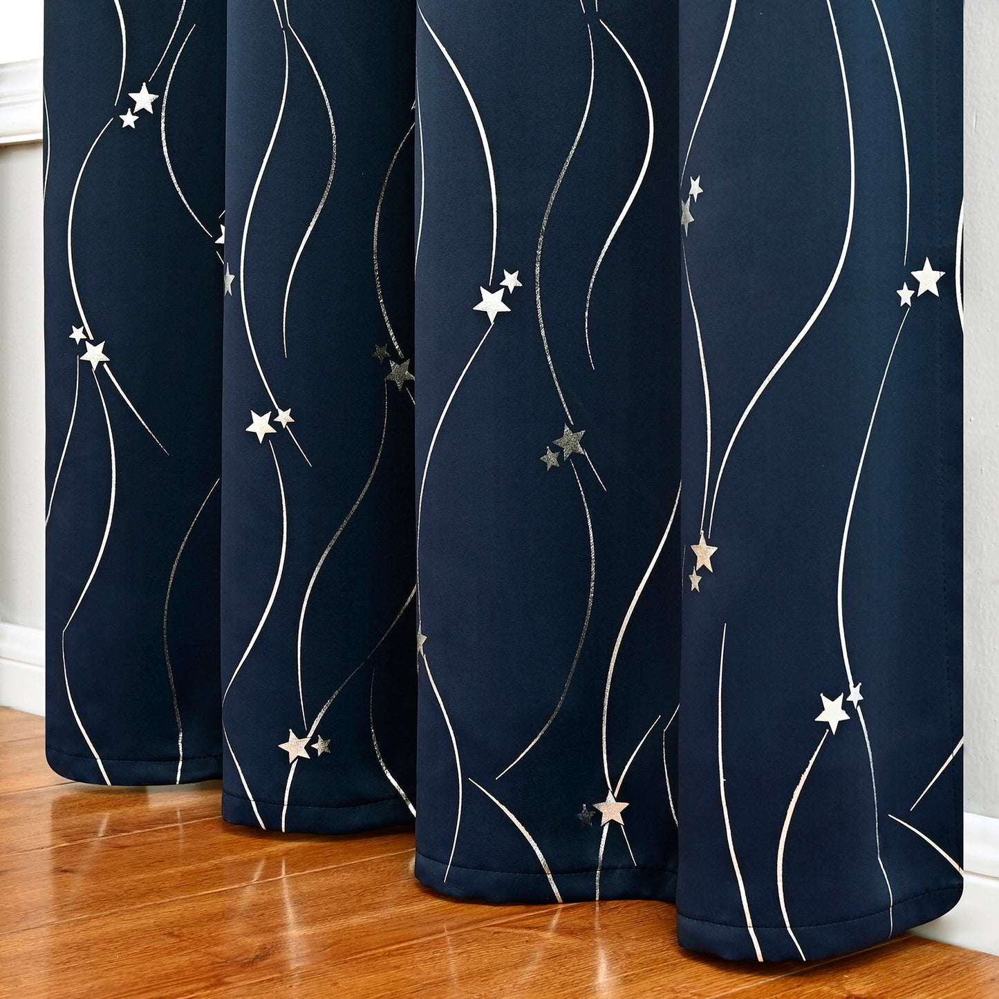 Silver Stamping Star Curtains, 1 Panel, Navy, 132*164cm/132*183cm/132*214cm