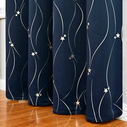Silver Stamping Star Curtains, 1 Panel, Navy, 132*164cm/132*183cm/132*214cm