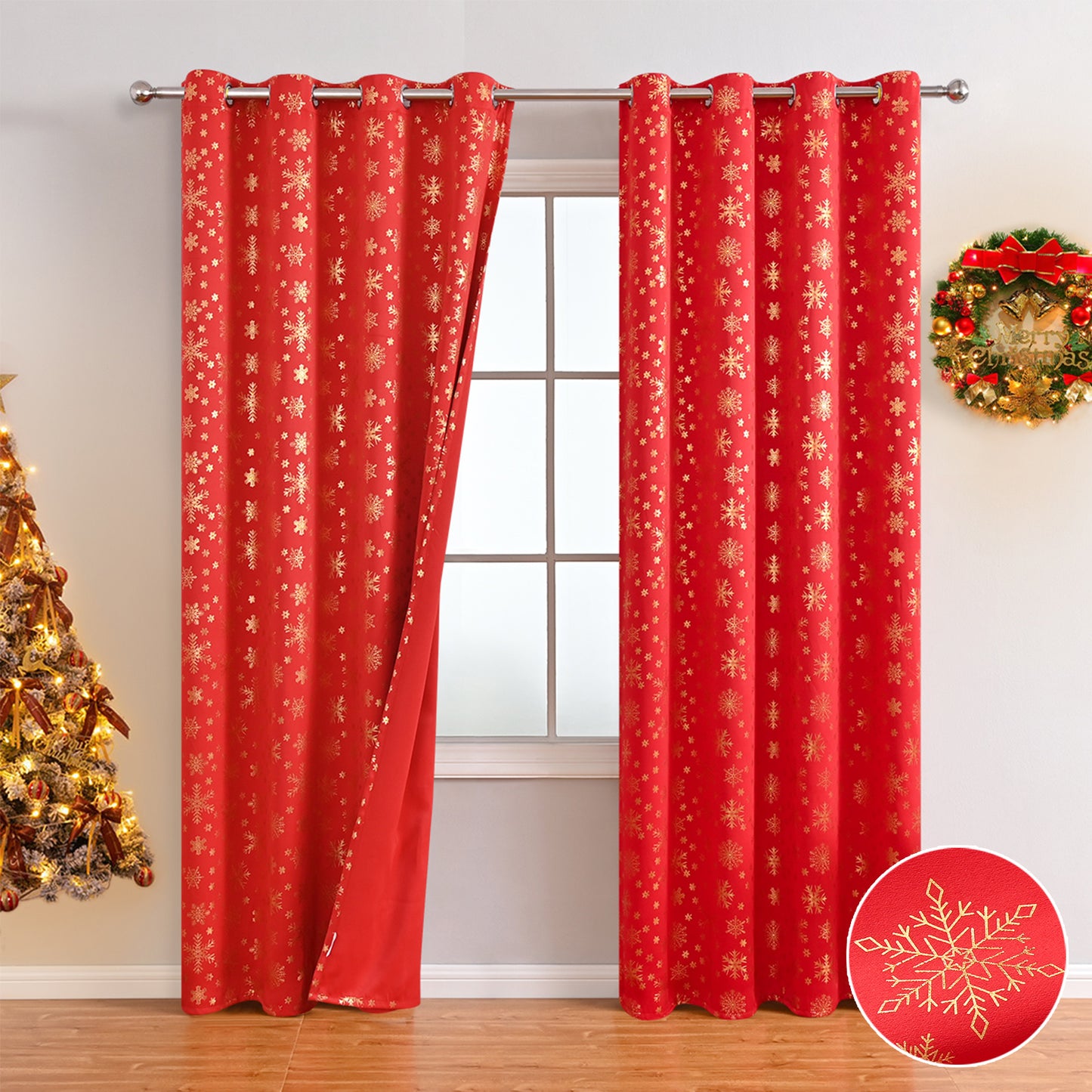 Christmas Blackout Curtains, 1 Panel, Red, 100*130cm/100*200cm/100*250cm/140*260cm
