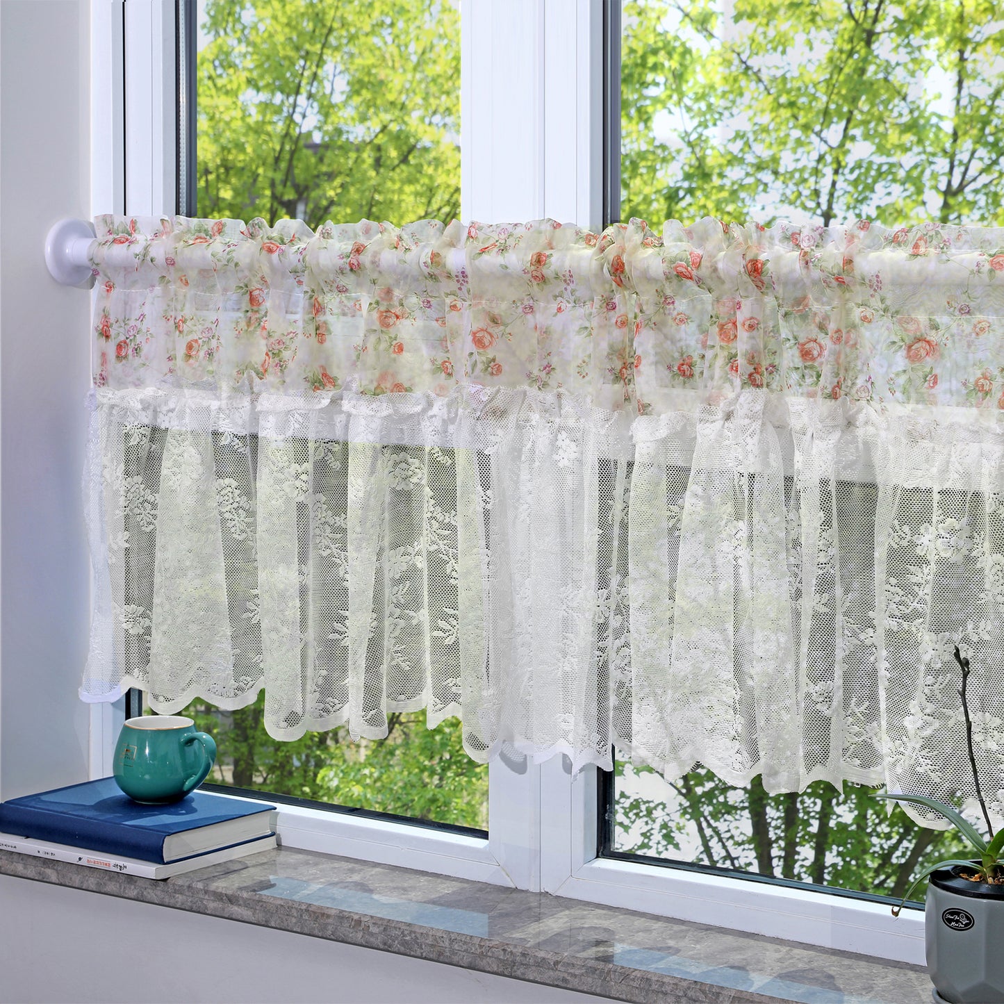 Floral Lace Sheer Short Curtains, 1 Panel, White, 132*45cm/132*60cm
