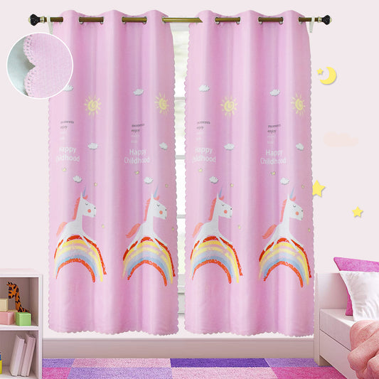 Vorhänge mit Einhorn-Cartoon-Motiv, 1 Panel, Rosa, 110 x 130 cm/110 x 160 cm/110 x 190 cm