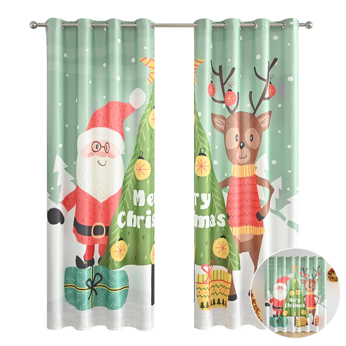 Rideaux de Noël Père Noël, 2 panneaux, vert, 132 x 214 cm