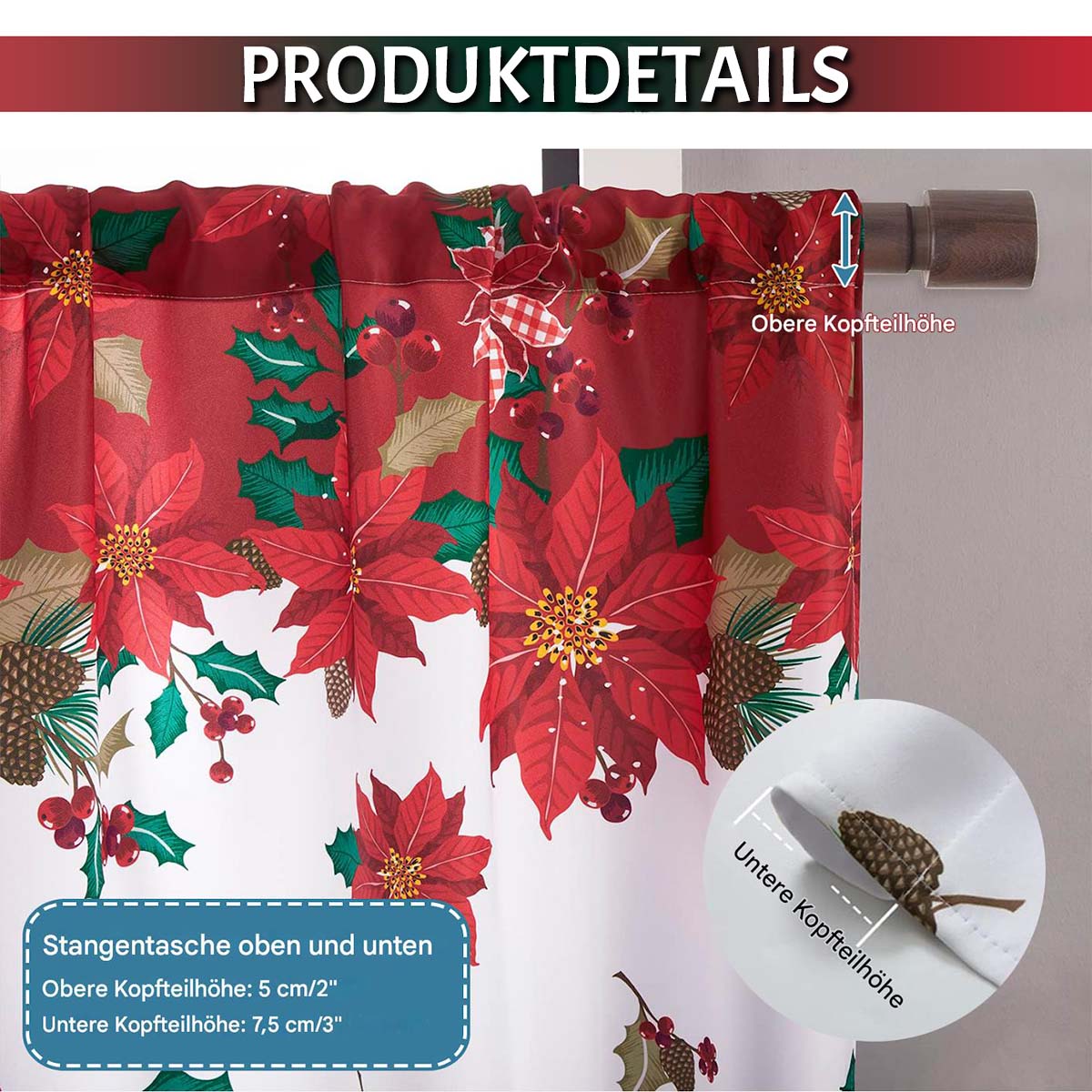 Rideau de Noël rouge et blanc à motif floral, lot de 2