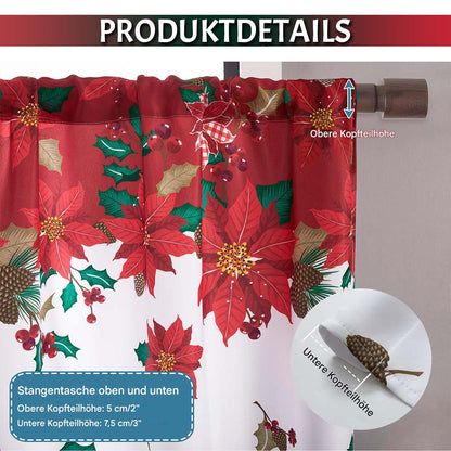 Rideau de Noël rouge et blanc à motif floral, lot de 2