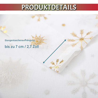 Rideau de Noël Flocons de neige Feuille d'or Lot de 2 rideaux transparents
