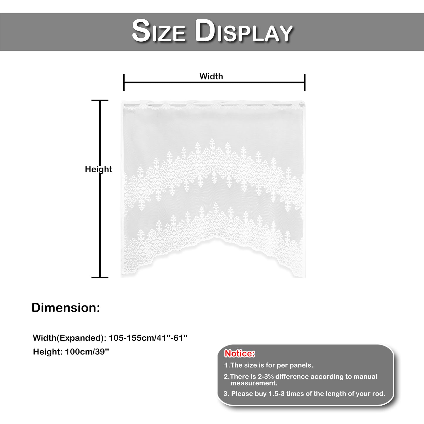 Floral Lace Door Short Curtains, 1 Panel, White, 105x100cm/155x100cm