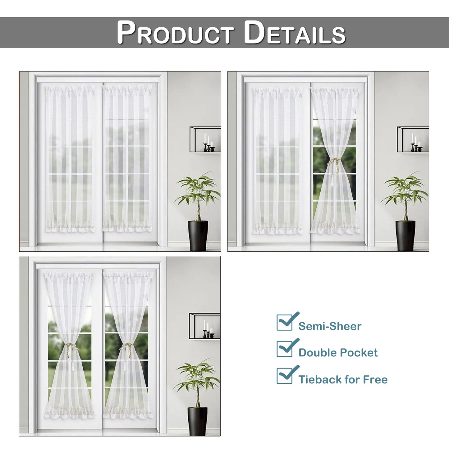 Rideaux de porte transparents, 1 panneau, blanc, 64*102cm/137*102cm/64*183cm/137*183cm