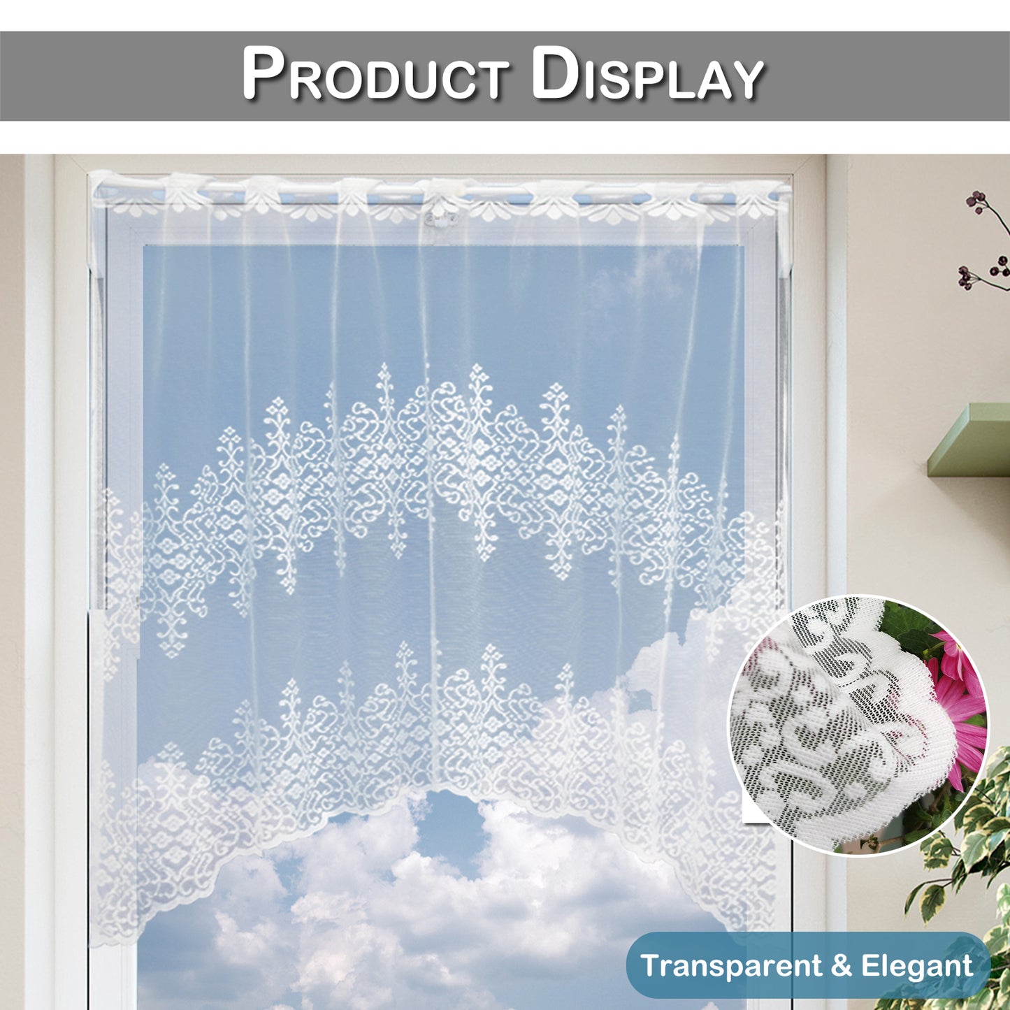Floral Lace Door Short Curtains, 1 Panel, White, 105x100cm/155x100cm