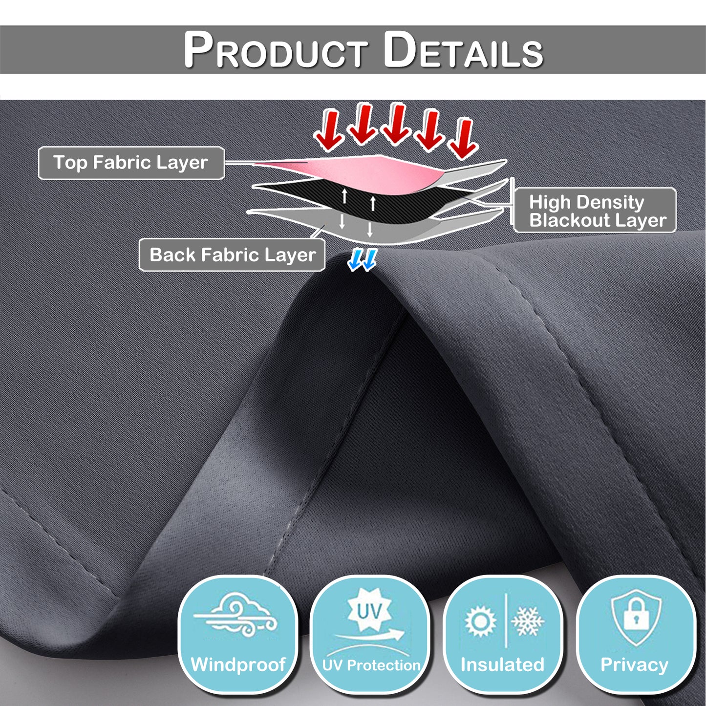 Blackout Door Curtains, 1 Panel, Gray, 132x203cm/132x244cm