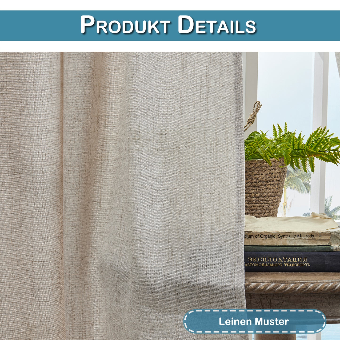 Set of 2 linen-look curtains with rod pocket and back tab in natural
