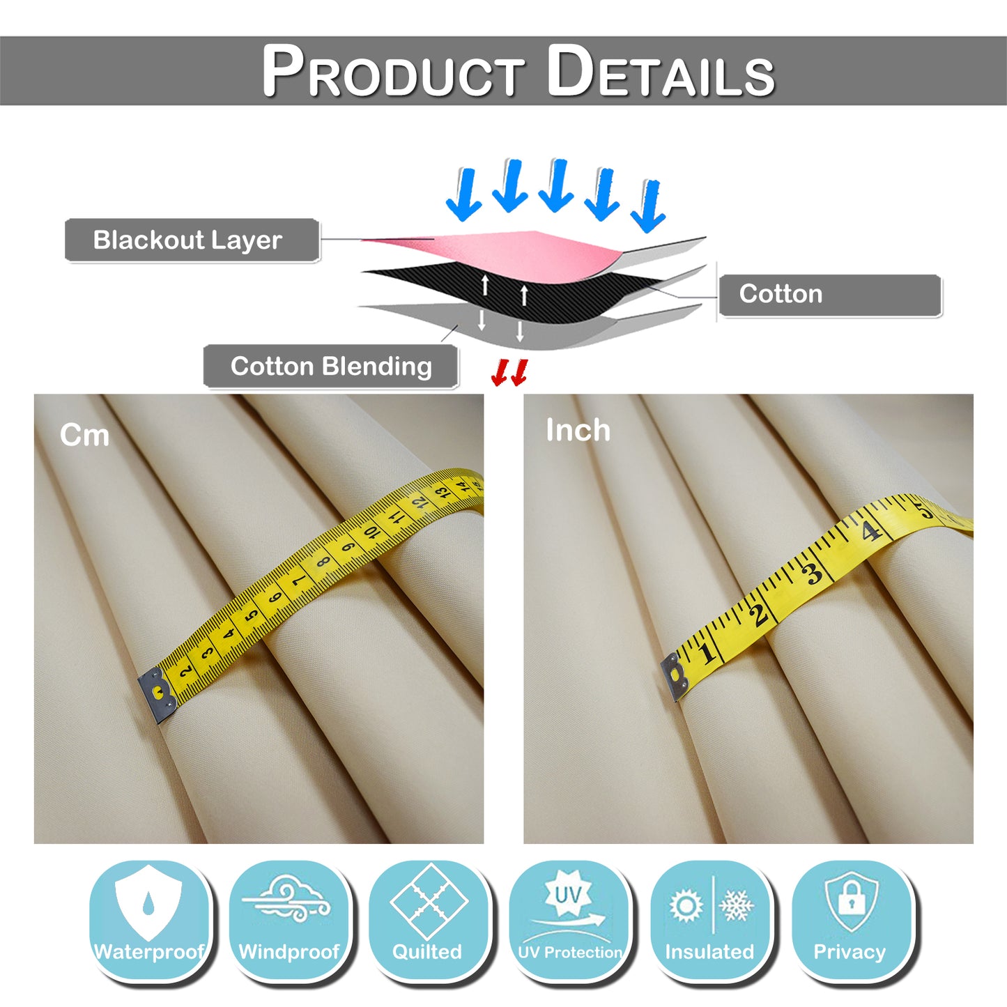 Waterproof Quilted Door Curtains, 1 Panel, Beige, 82x204cm/100x210cm