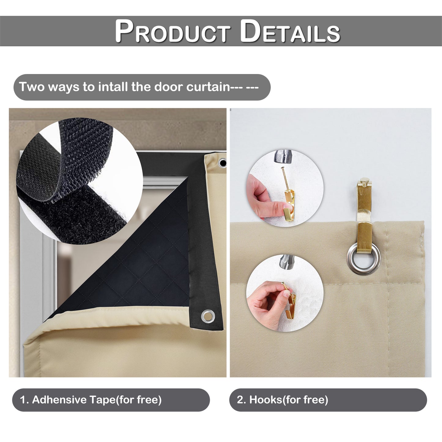 Waterproof Quilted Door Curtains, 1 Panel, Beige, 82x204cm/100x210cm