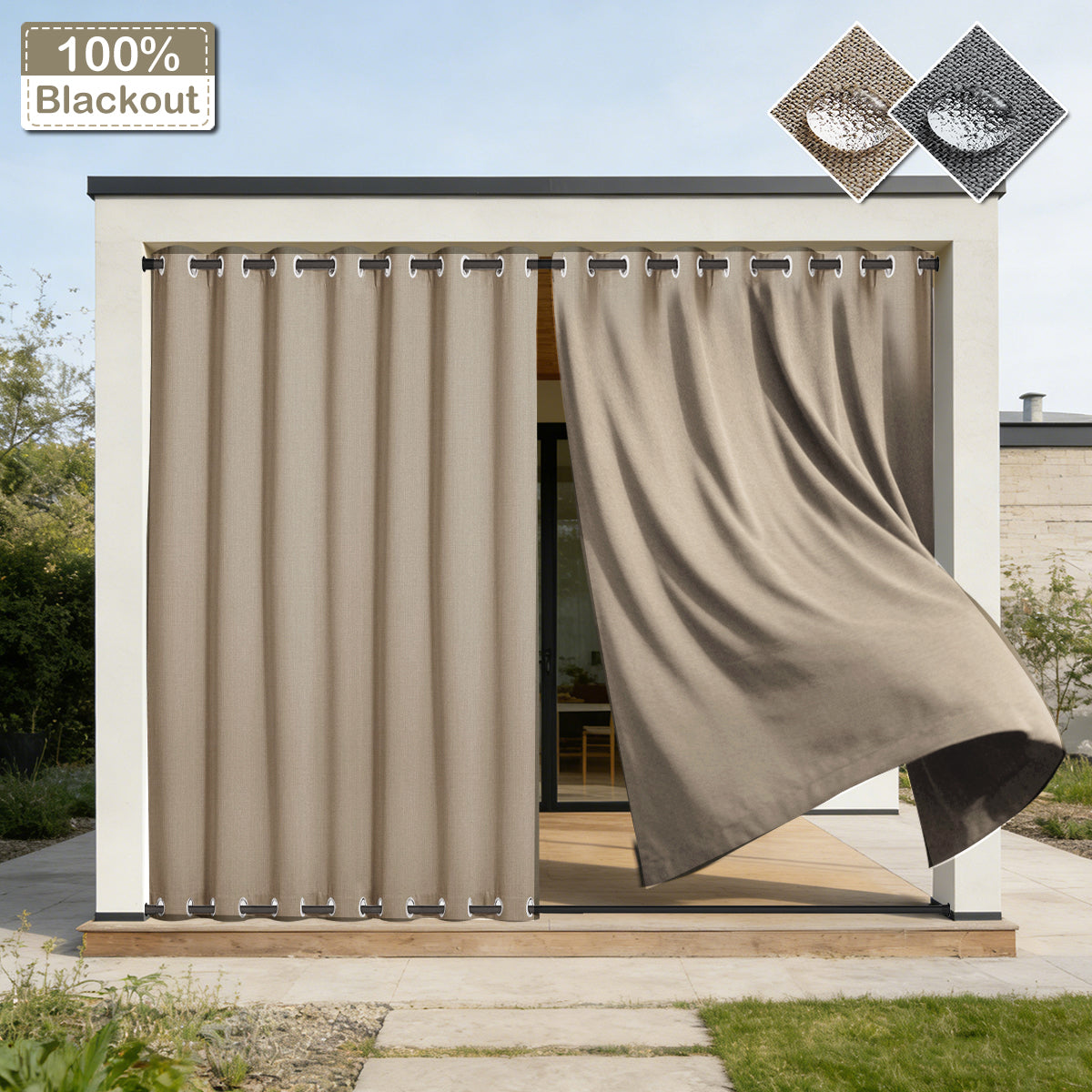 100 Prozent Verdunkelung Outdoor Vorhang wasserfest windstabil in Leinenoptik extra breit