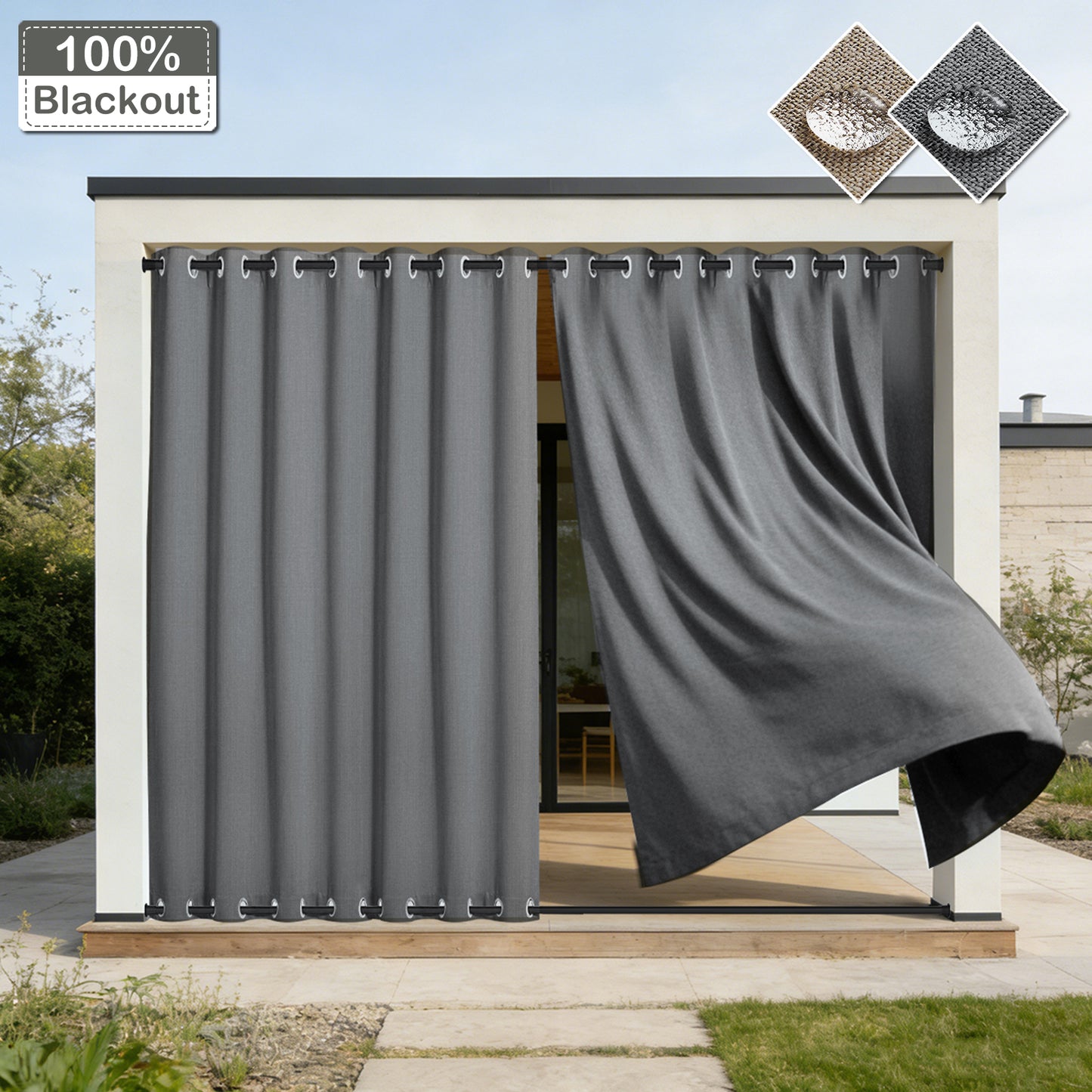 100 Prozent Verdunkelung Outdoor Vorhang wasserfest windstabil in Leinenoptik extra breit