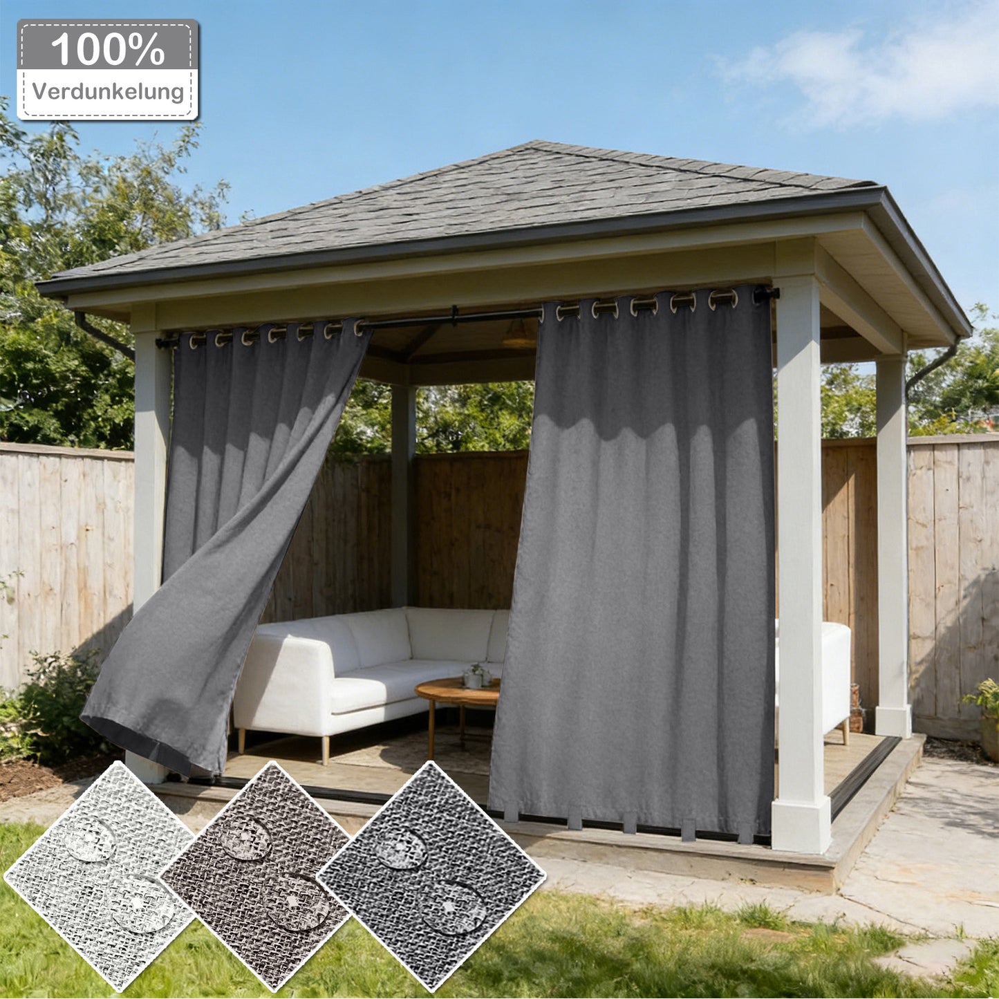 100 Prozent Verdunkelung Outdoor Vorhang wasserfest windstabil in Leinenoptik mit Ösen