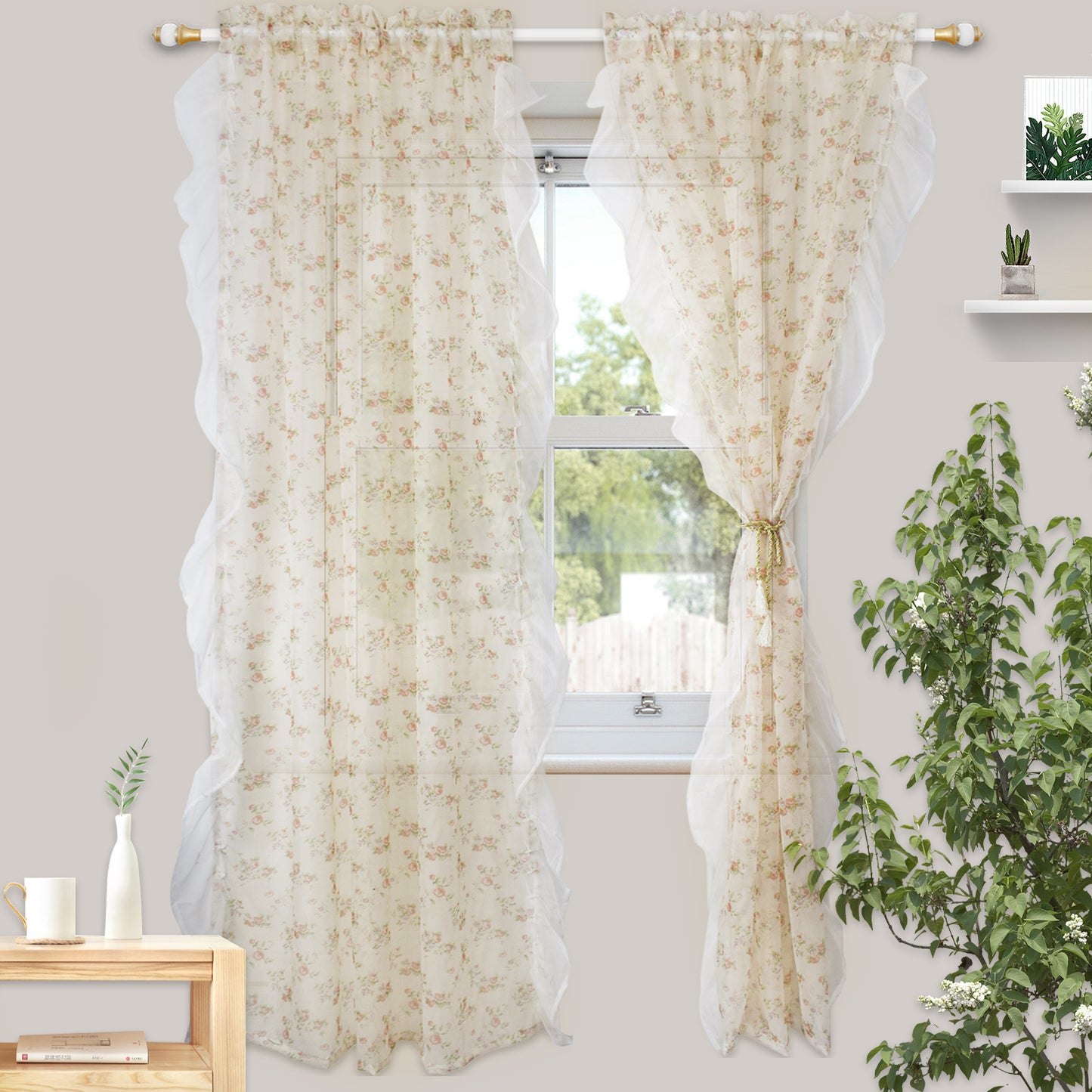 Rose Sheer Curtains, 1 Panel, Beige, 132x160cm/132x213cm/132x244cm