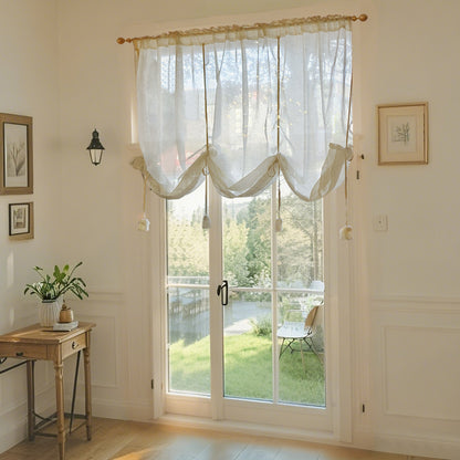 Rideau romain vintage semi-transparent aspect lin beige avec passe-tringle