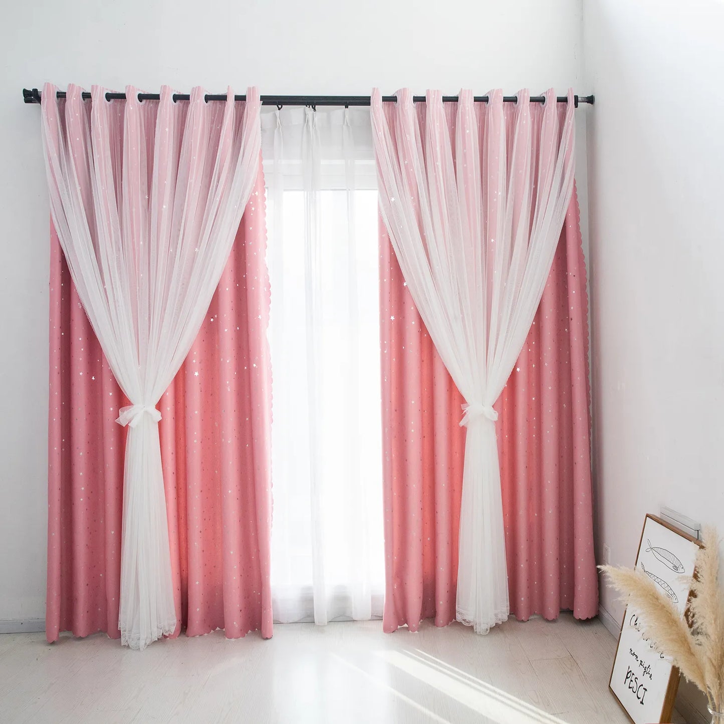 Blackout curtain with double-layered tulle, cut-out stars and silver print – 1 piece