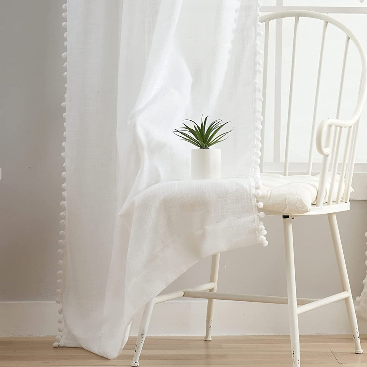 1 Panel White Pompom Semi-Sheer Sheer Curtains